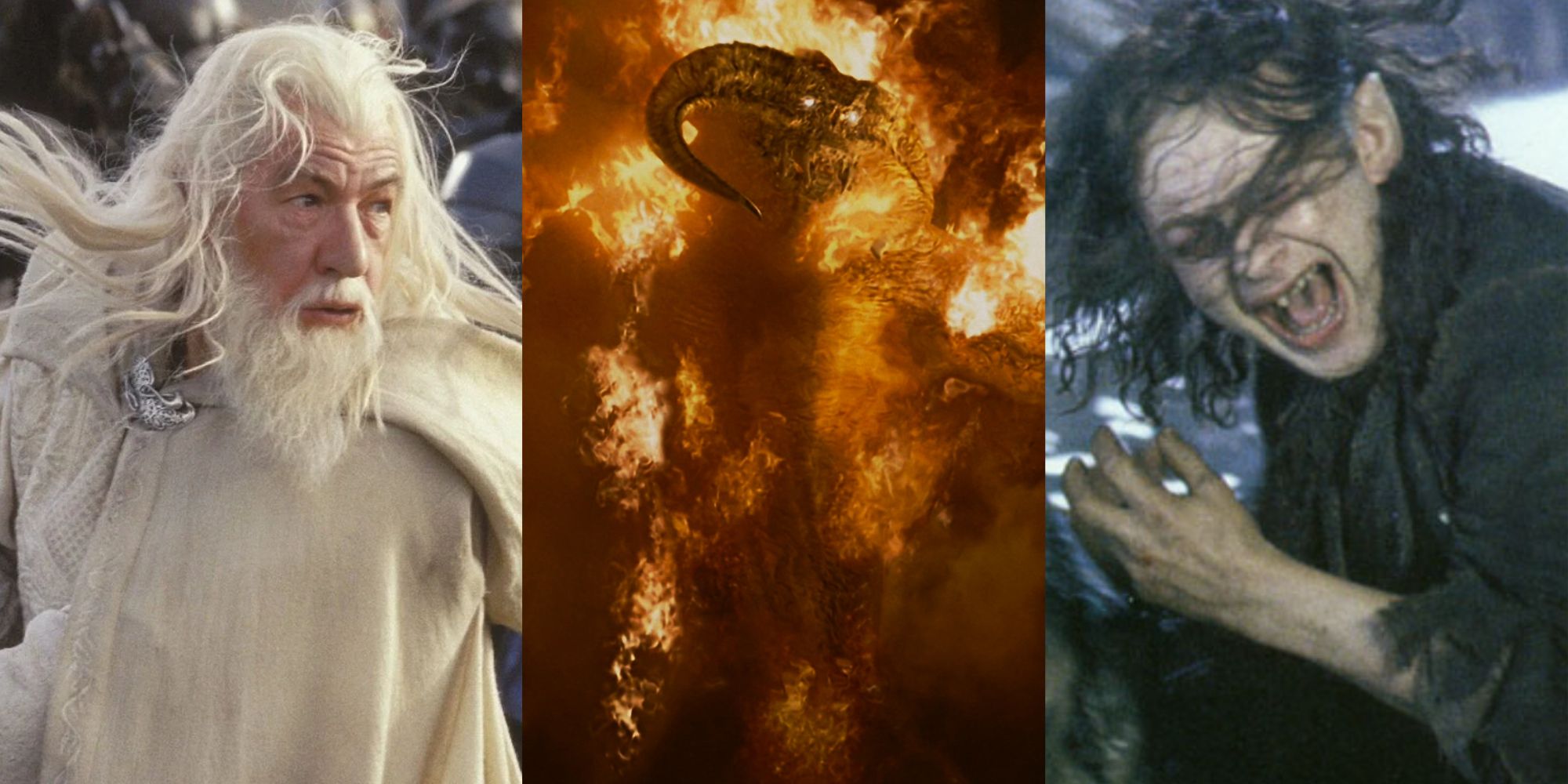 Split image of Gandalf, the Balrog and Smeagol from the Lord of the Rings movies