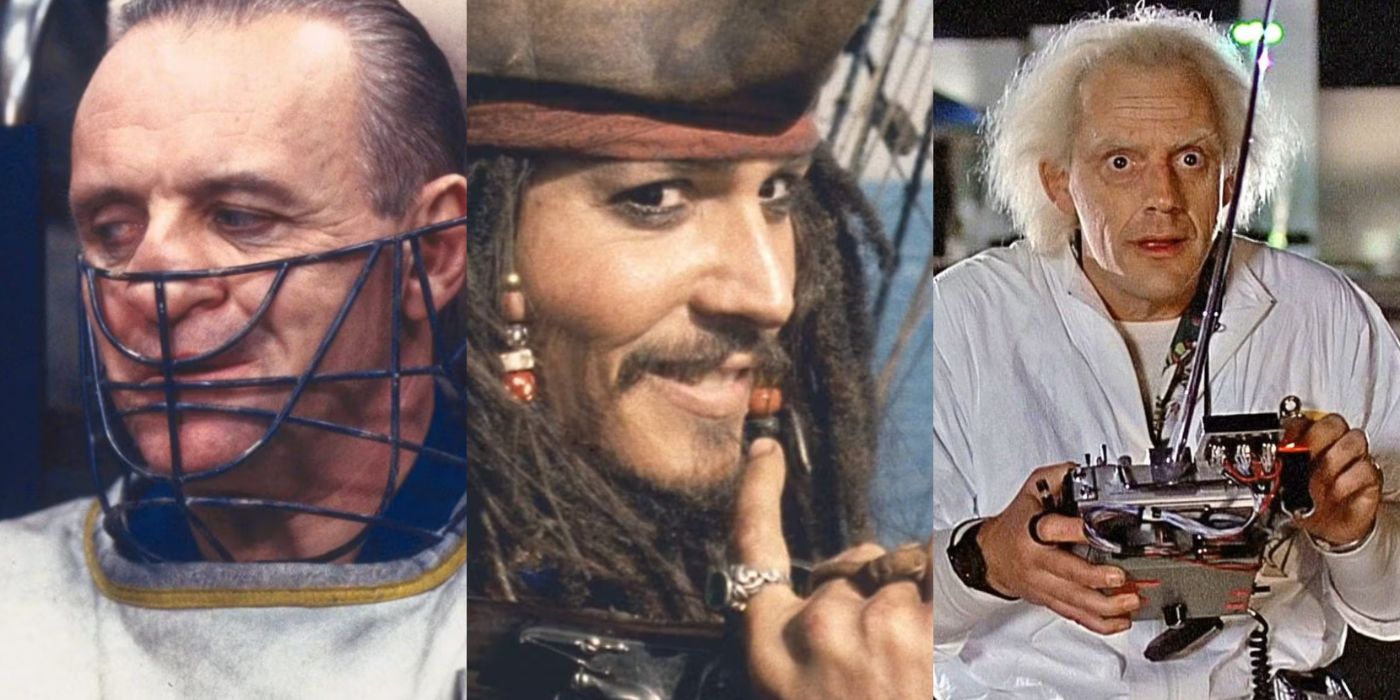 Split image of Hannibal in Silence of the Lambs, Jack Sparrow in Pirates of the Caribbean, and Doc Brown in Back to the Future