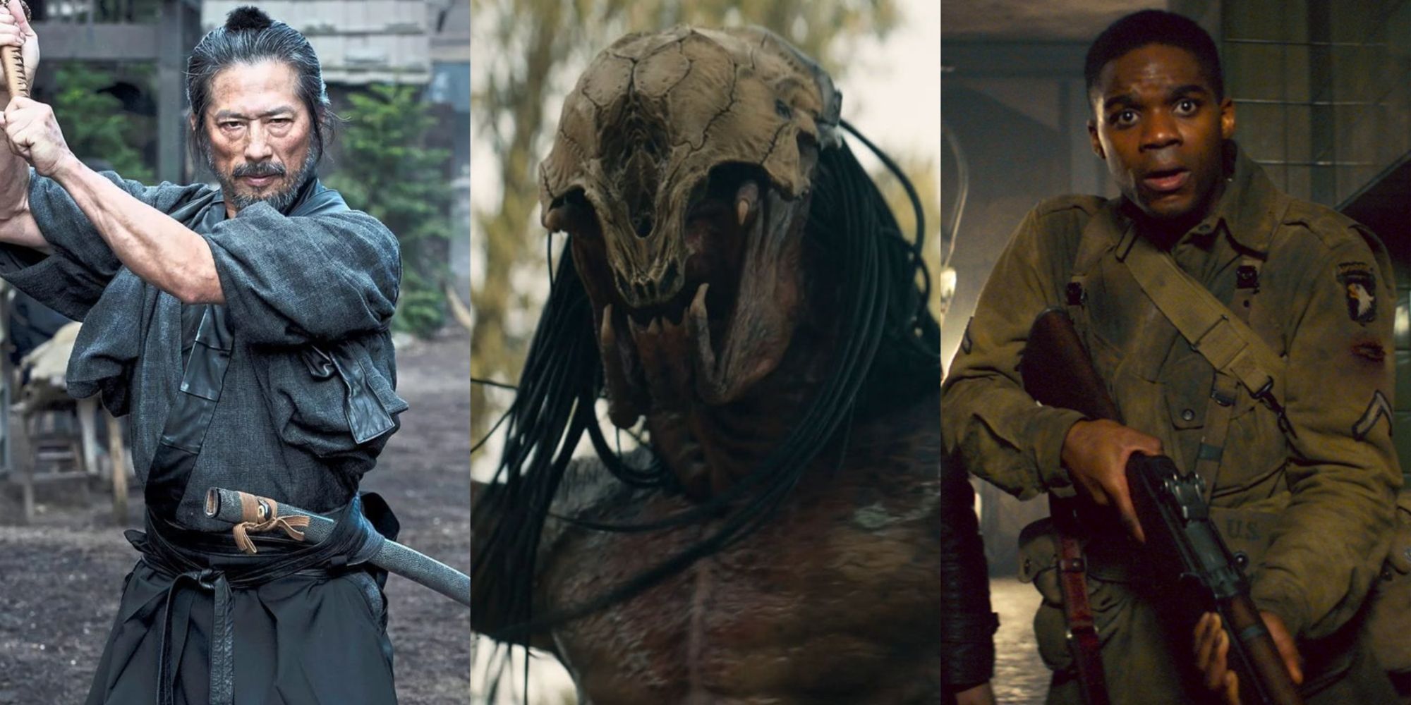 Split image of Hiroyuki Sanada in Westworld, the Feral Predator in Prey, and Boyce from Overlord