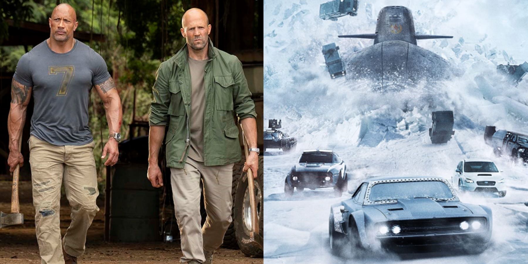 Split image of Hobbs and Shaw ready for battle and cars outrunning a submarine in The Fate of the Furious