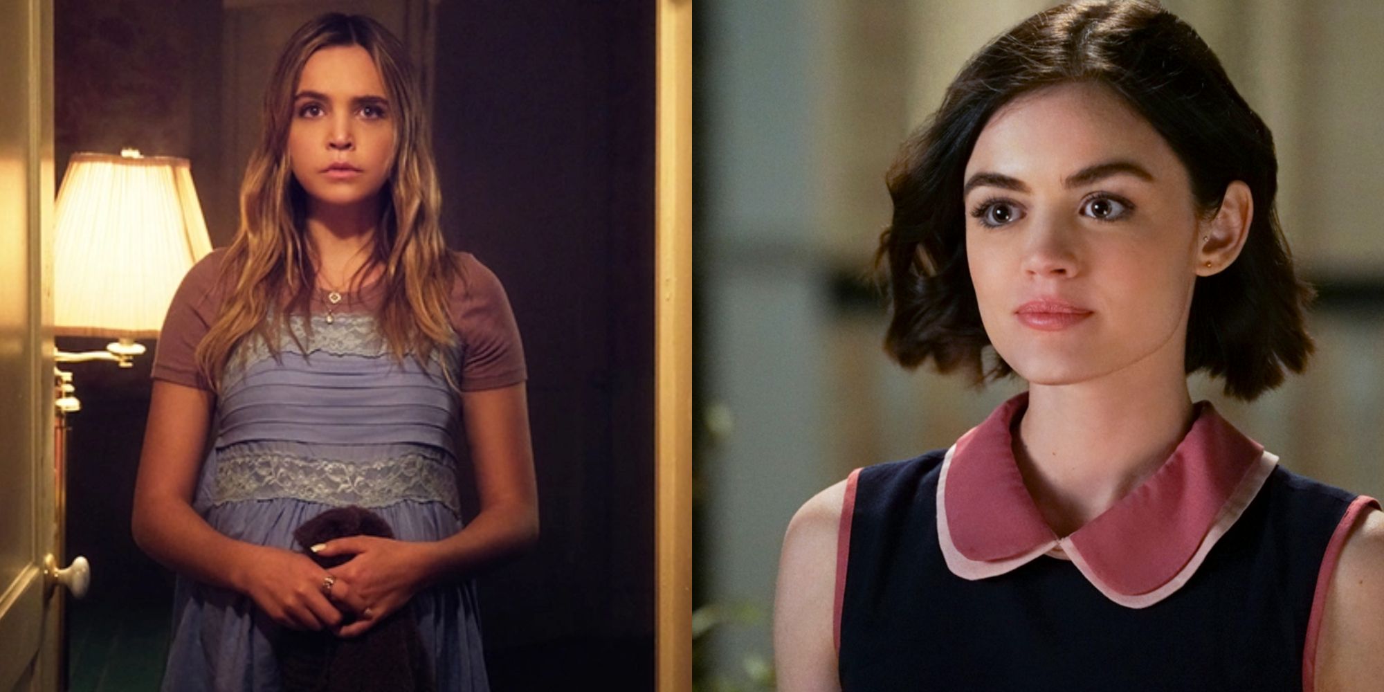 Split image of Imogen and Aria from the PLL franchise