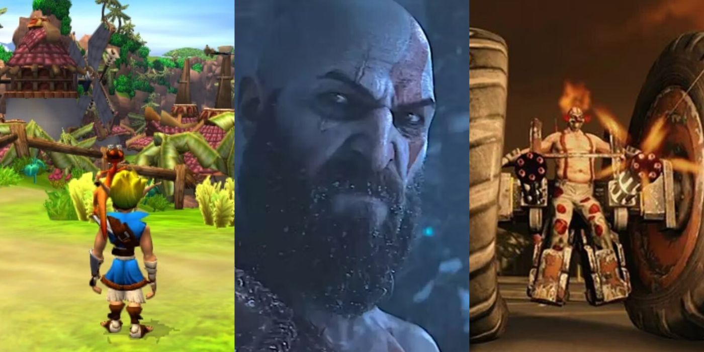 Split image of Jack and Daxter, God of War, and Twisted Metal