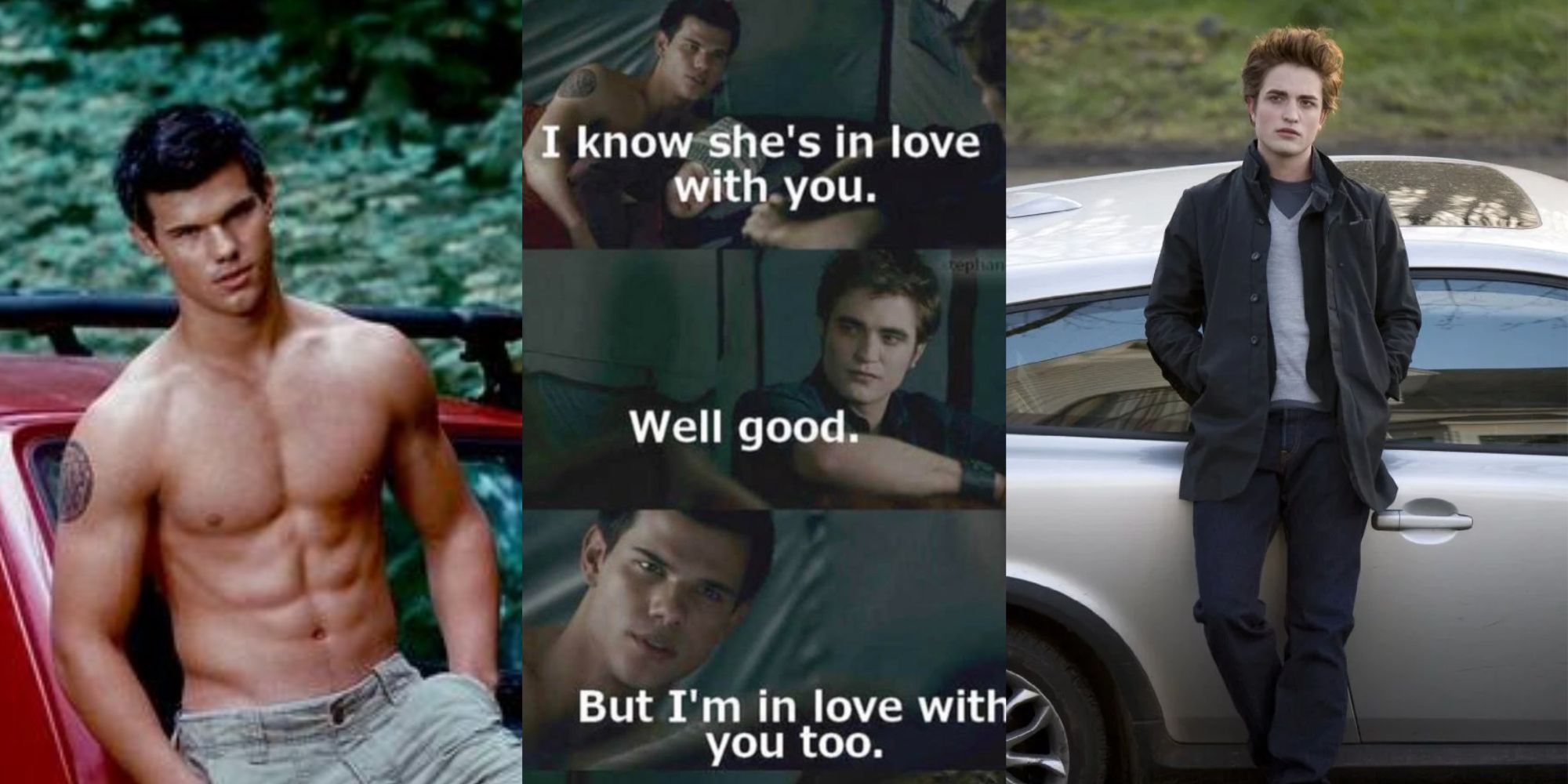 Split image of Jacob Black leaning on his car, an EdwardxJacob meme (source: https://www.instagram.com/p/B-HlEFNpYLc/?igshid=YmMyMTA2M2Y=), and Edward Cullen leaning on his car