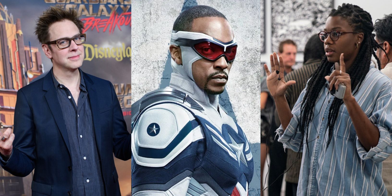 Split image of James Gunn on a red carpet, Sam Wilson as Captain America, and Nia DaCosta on the Candyman set