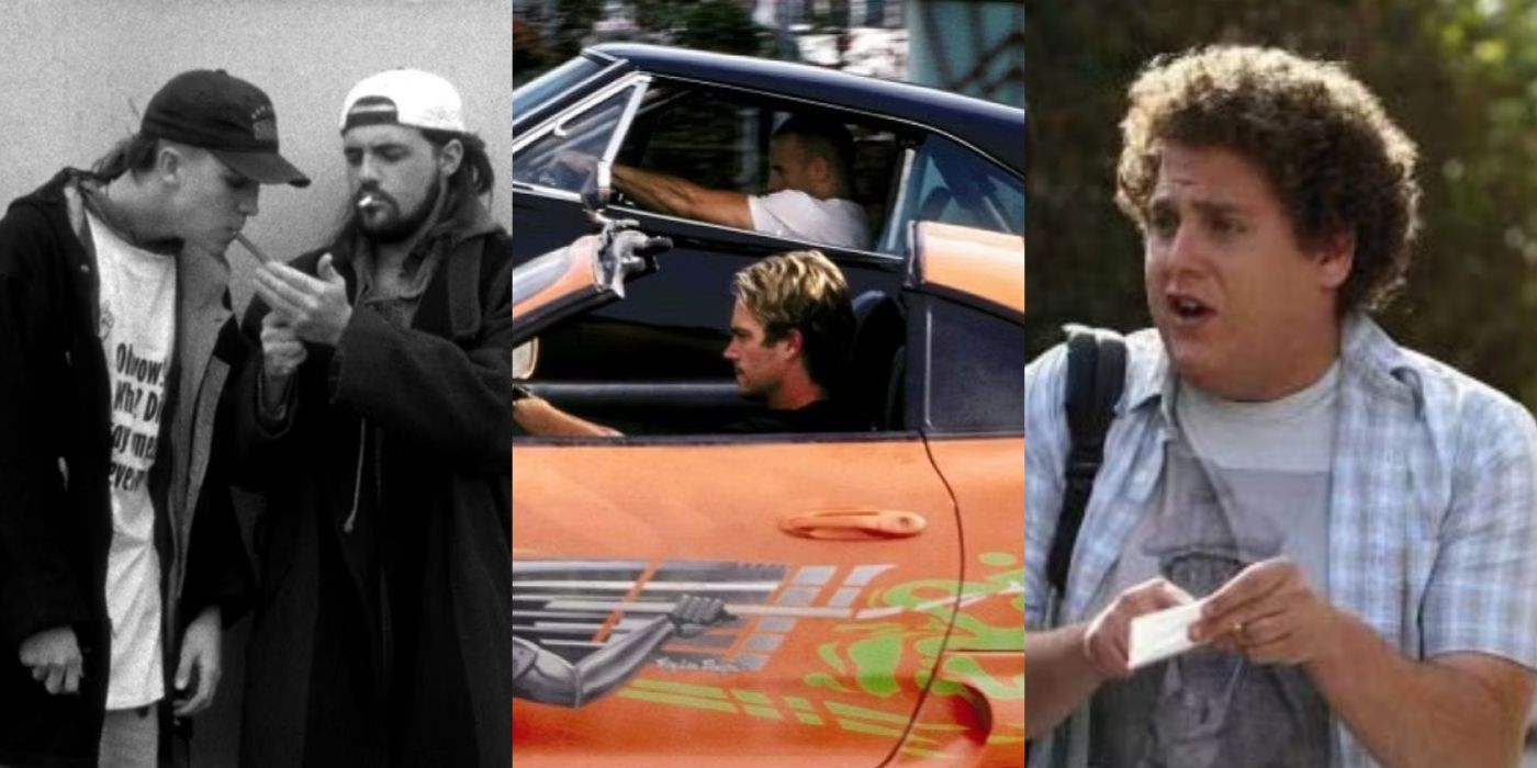 Split image of Jay and Silent Bob in Clerks, Dom and Brian in The Fast and the Furious, and Jonah Hill in Superbad