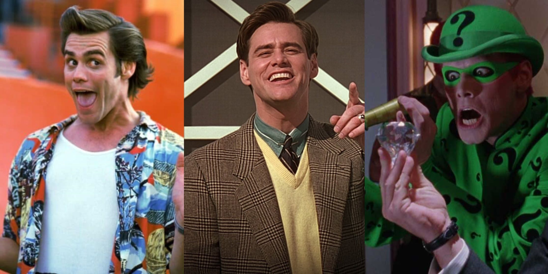 Split image of Jim Carrey in Ace Ventura Pet Detective, The Truman Show, and Batman Forever