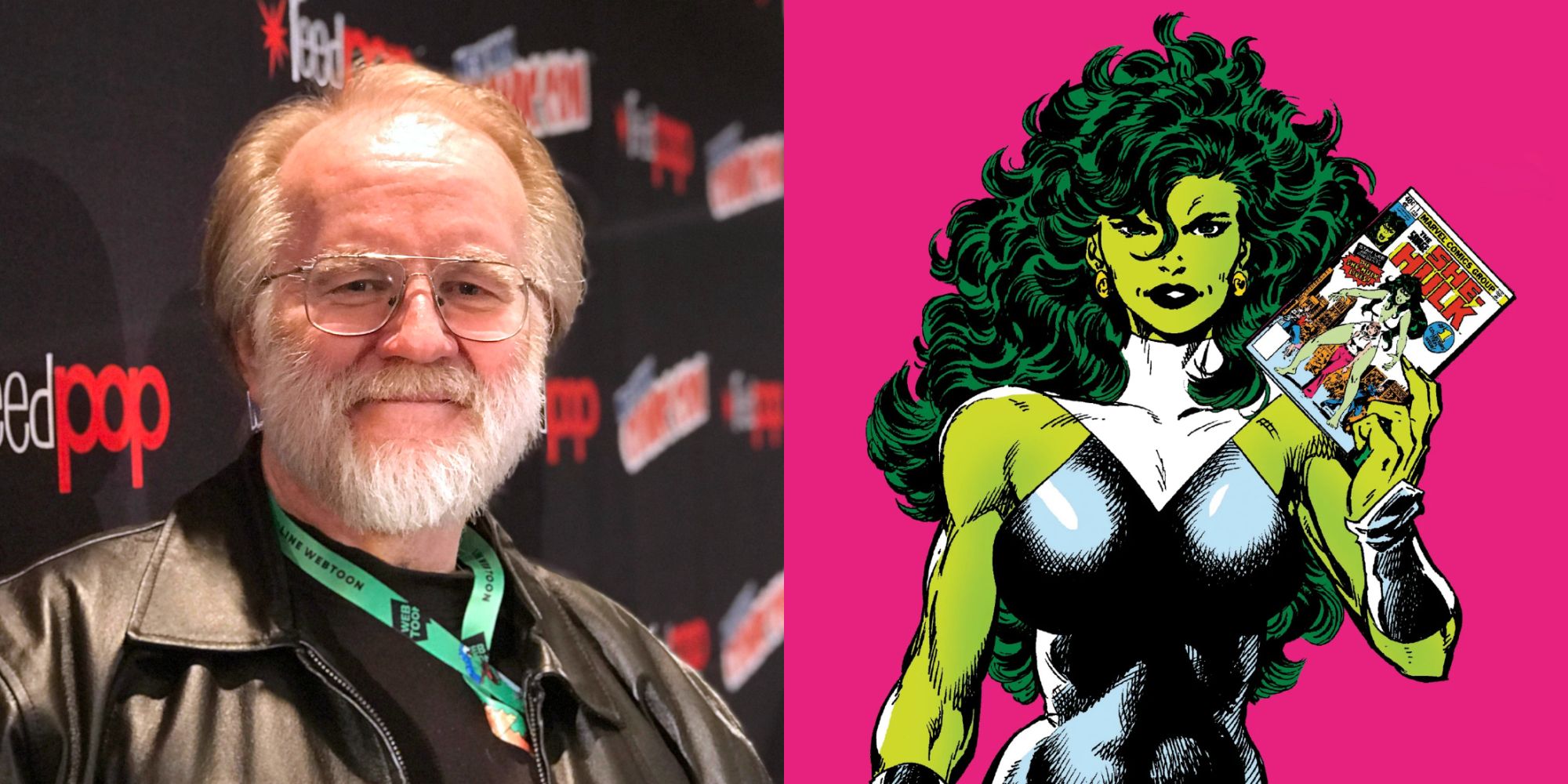 Split image of John Byrne and She-Hulk holding a comic