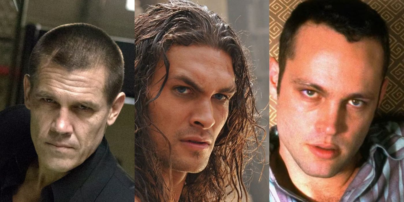 Split image of Josh Brolin in Oldboy, Jason Mamoa in Conan, and Vince Vaughn in Psycho