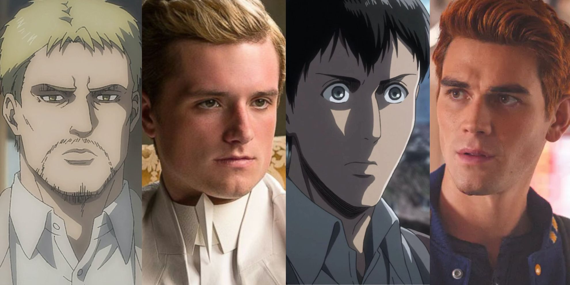 Split image of Josh Hutcherson and KJ Apa with Reiner and Bertolt from Attack on Titan