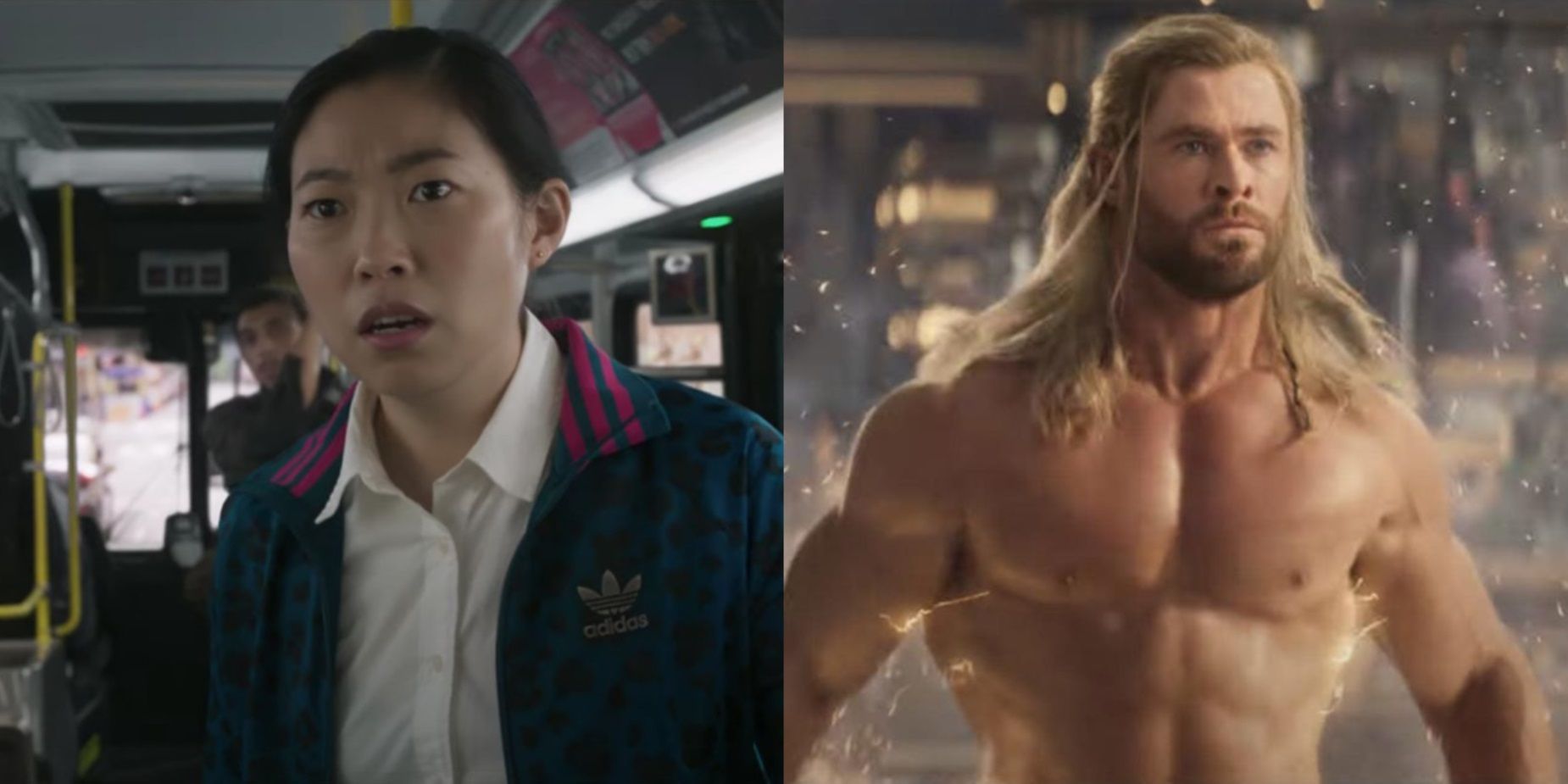 Split image of Katy on the bus in Shang-Chi and Thor in Omnipotent City in Love and Thunder
