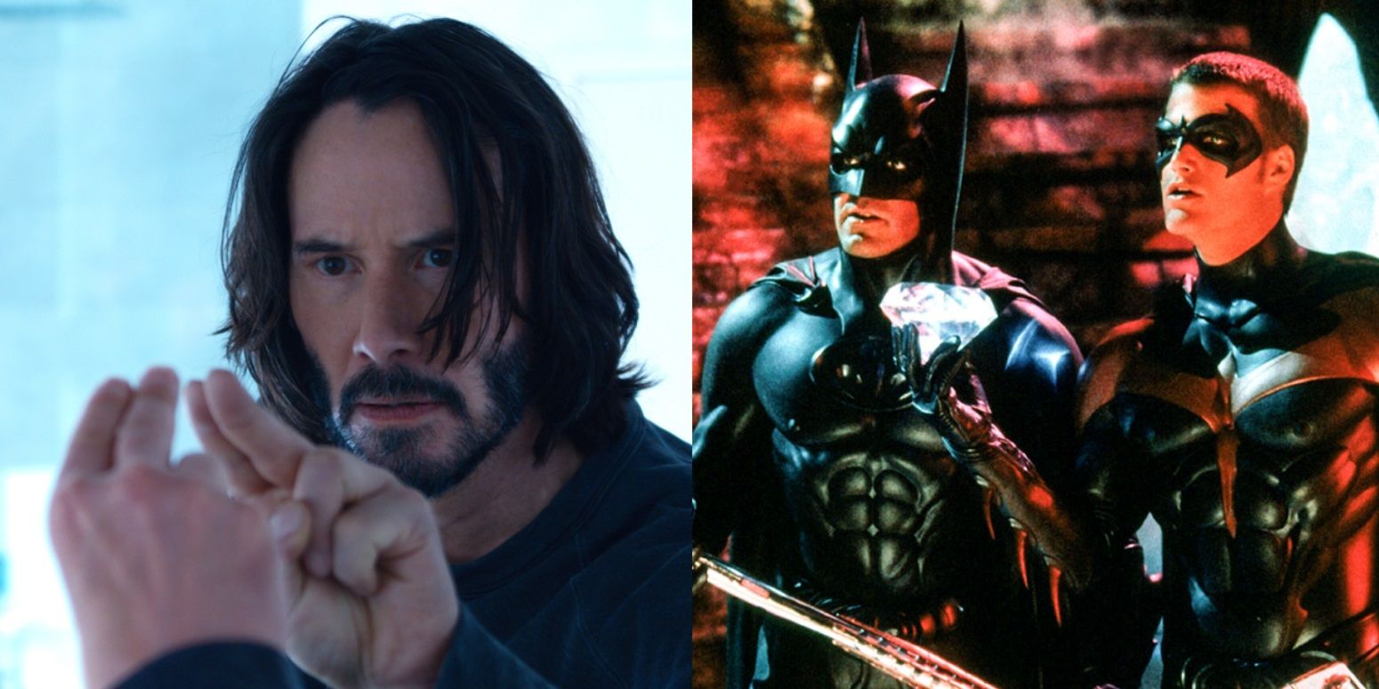 Split image of Keanu Reeves in The Matrix Resurrections and George Clooney and Chris O'Donnell in Batman and Robin