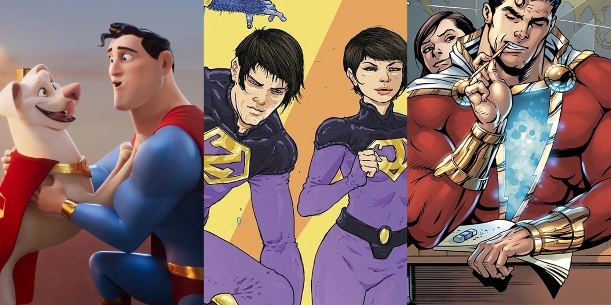 Split image of Krpto and Superman, Wonder Twins and Shazam feature