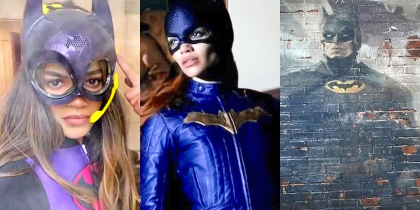 Split image of Leslie Grace, Batgirl, and a Batman mural
