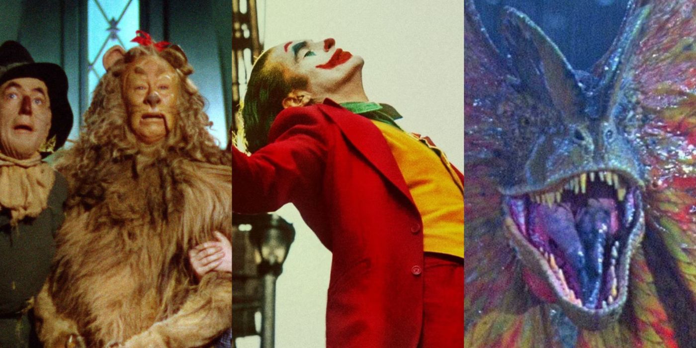 Split image of Lion in The Wizard of Oz, Arthur in Joker, and a dinosaur in Jurassic Park