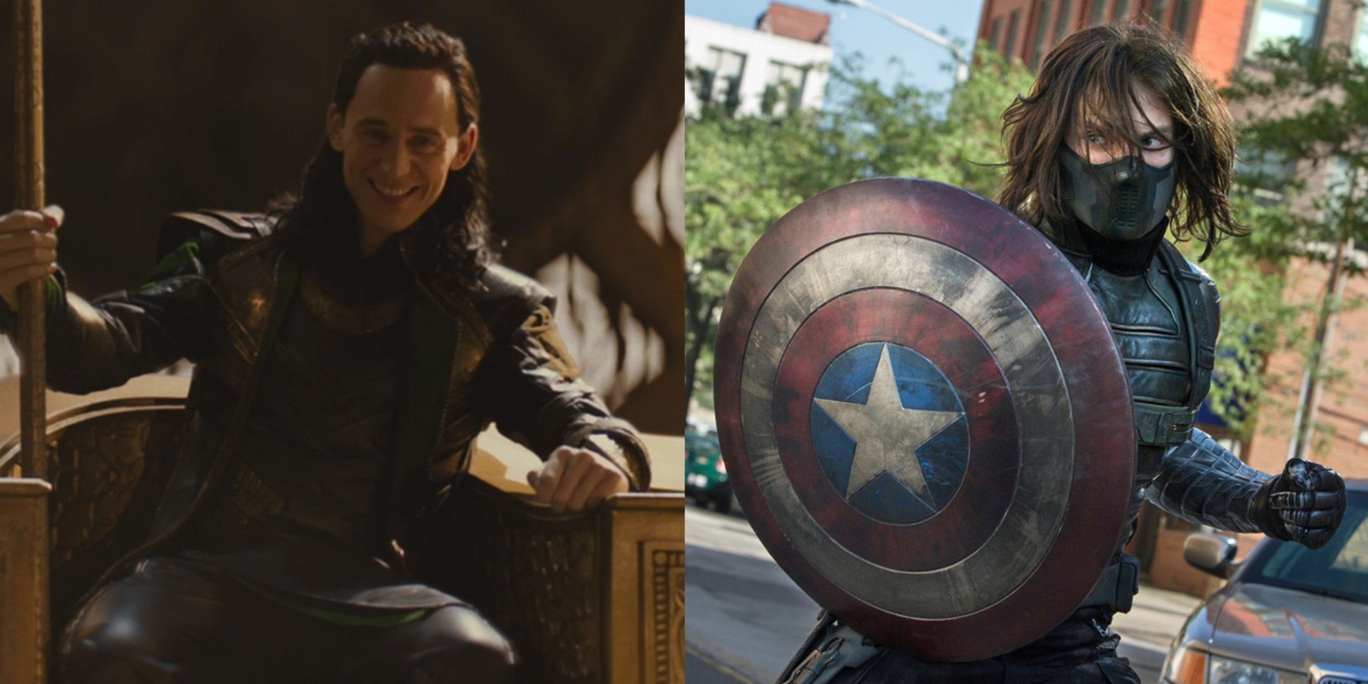 Split image of Loki on the Asgardian throne and Bucky holding Captain America's shield