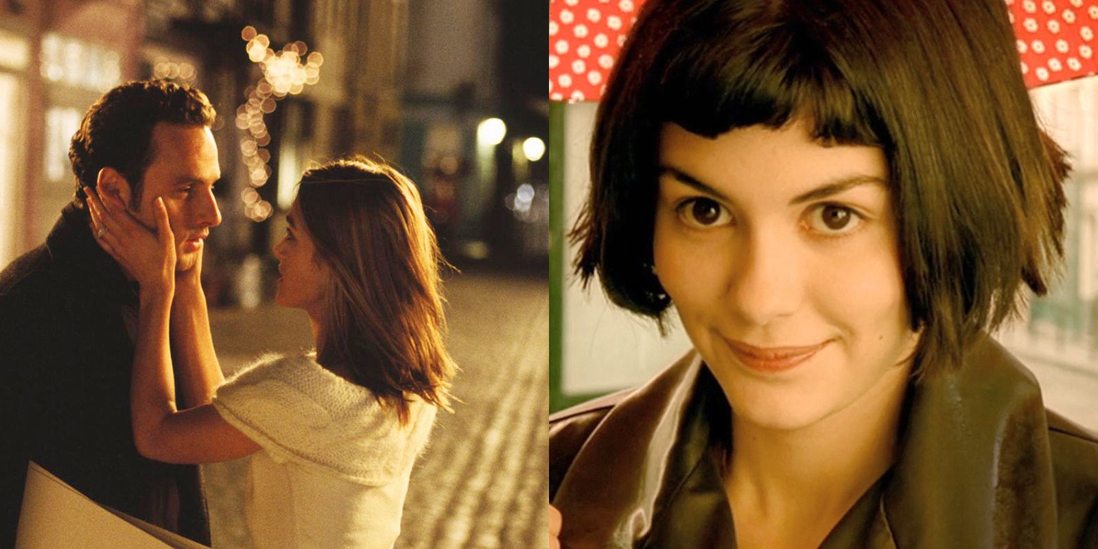 Split image of Juliet kissing Mark in Love Actually and Amelie holding an umbrella.