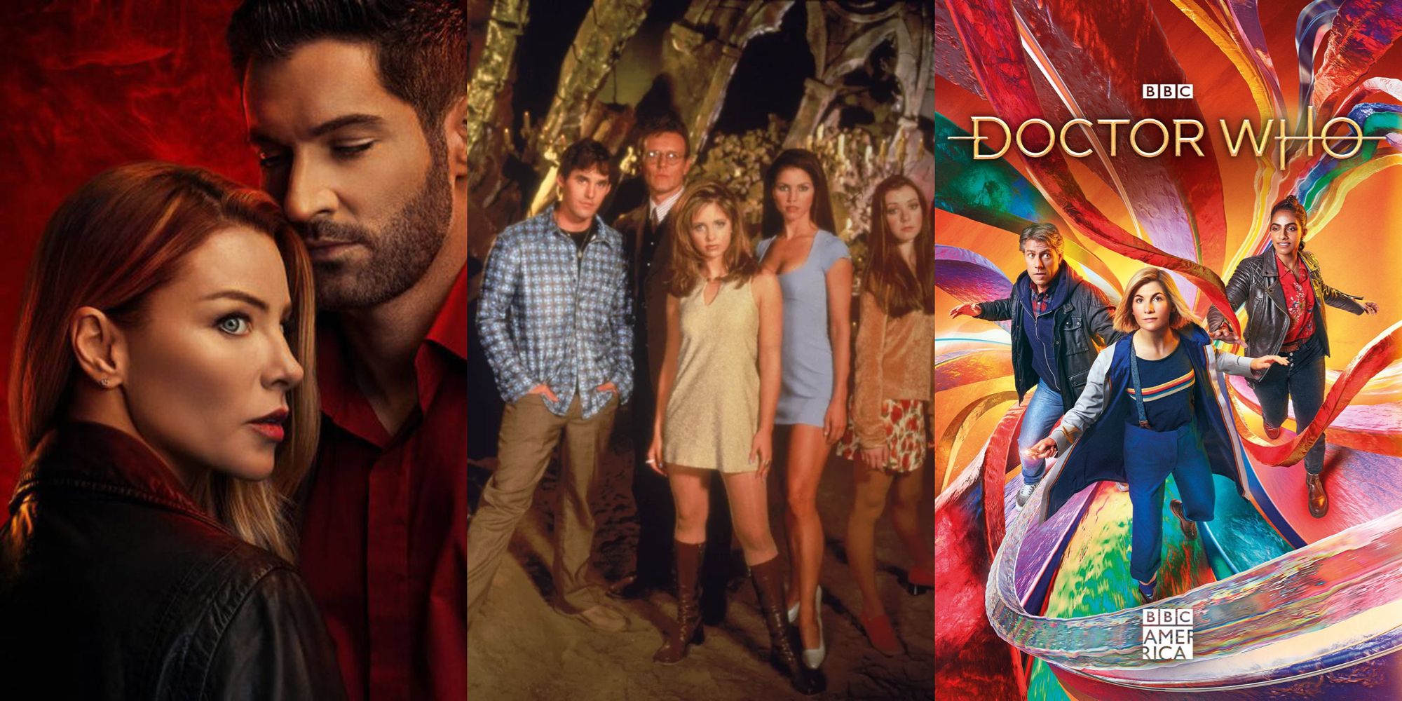 Split image of promo photos from the series Lucifer, Buffy the Vampire Slayer and Doctor Who