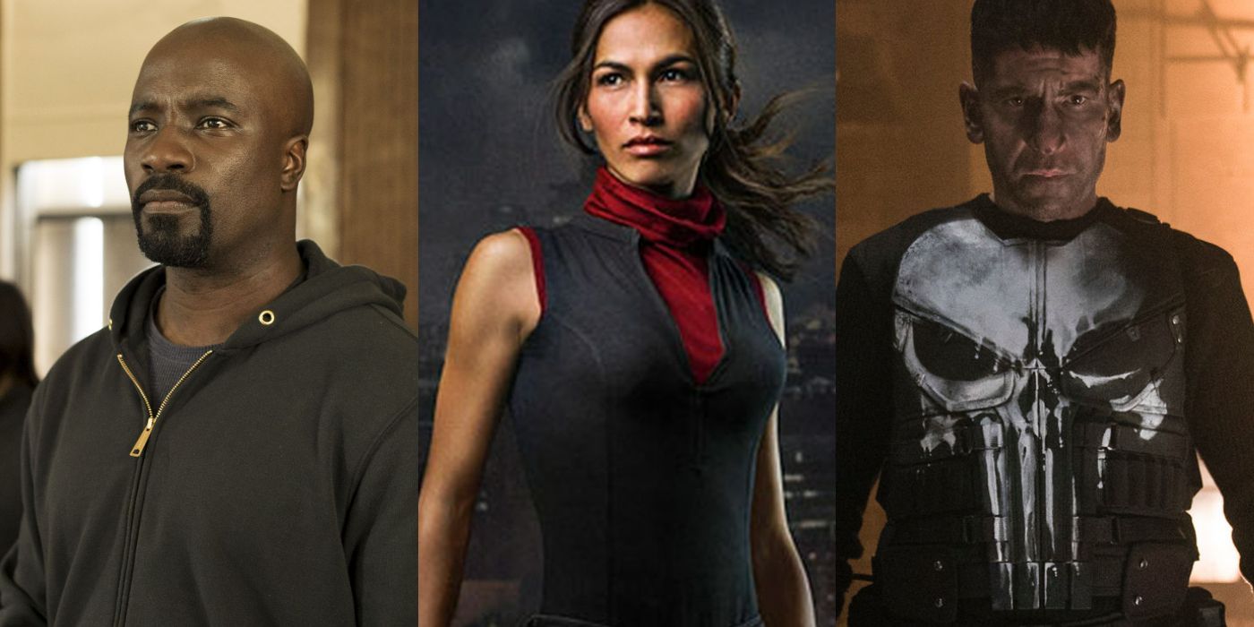 Imagem dividida de Luke Cage, Elektra e o Justiceiro