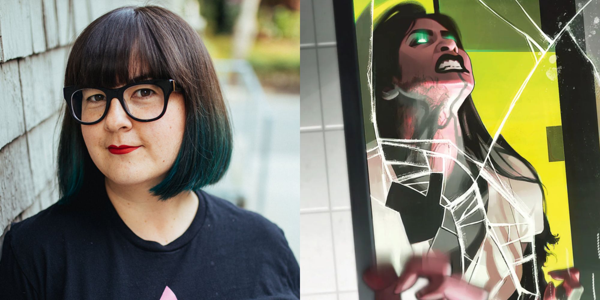 Split image of Mariko Tamaki and her version of Jen Walters turning into She-hulk
