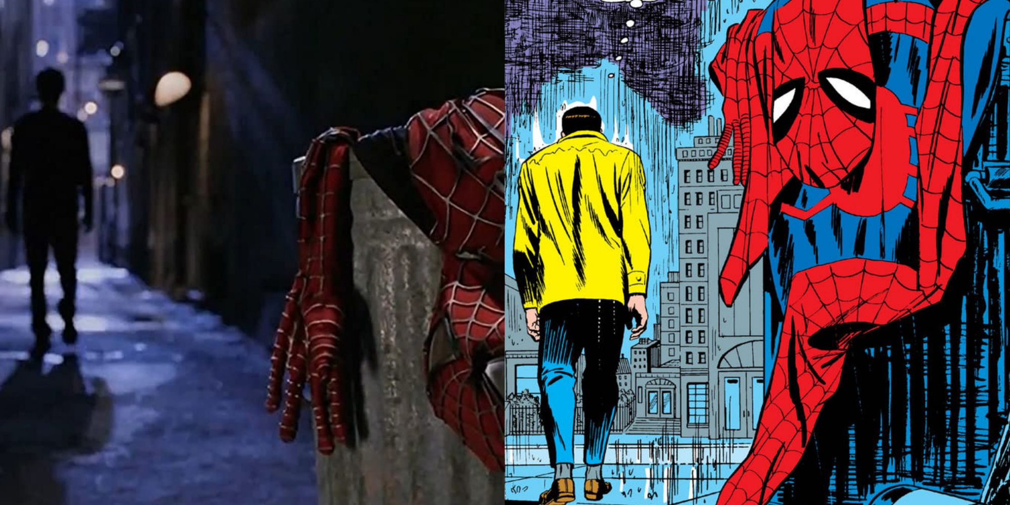 Split image of Peter Parker walking away from the Spider-Man suit in the comics and in Spider-Man 2 (2004)