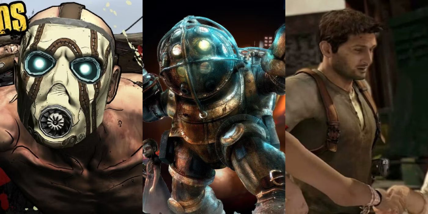 Split image of Psycho in Borderlands, Big Daddy in BioShock, and Nate in Uncharted 2