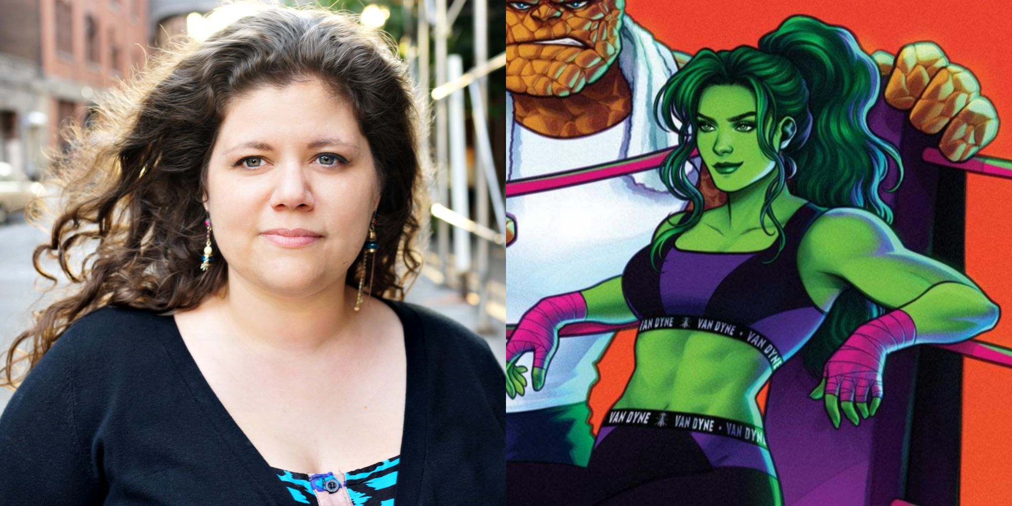 Split image of Rainbow Rowell and her version of She-Hulk