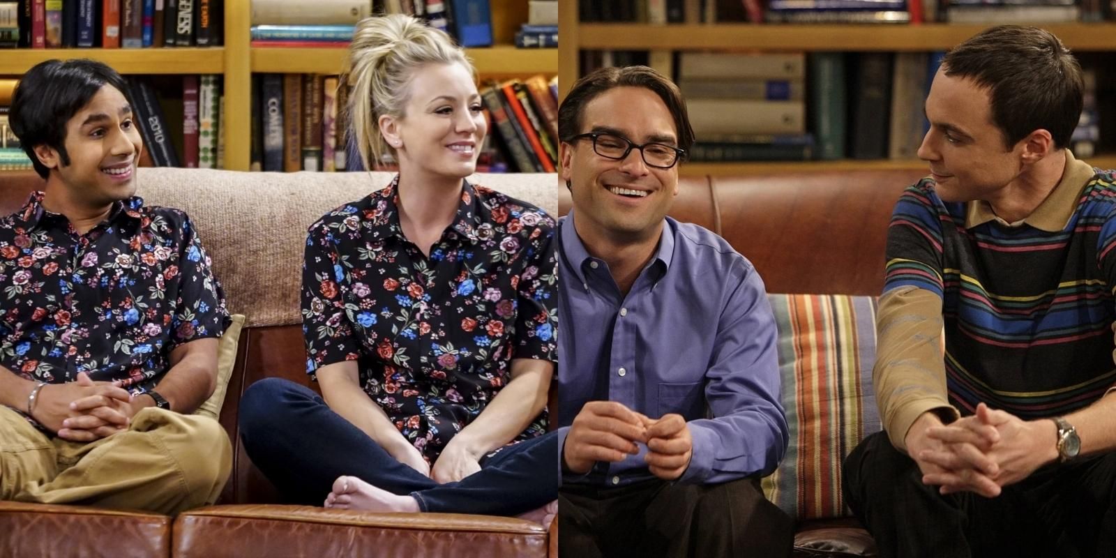 Split image of Raj and Penny and Leonard and Sheldon sitting together on the couch in The Big Bang Theory