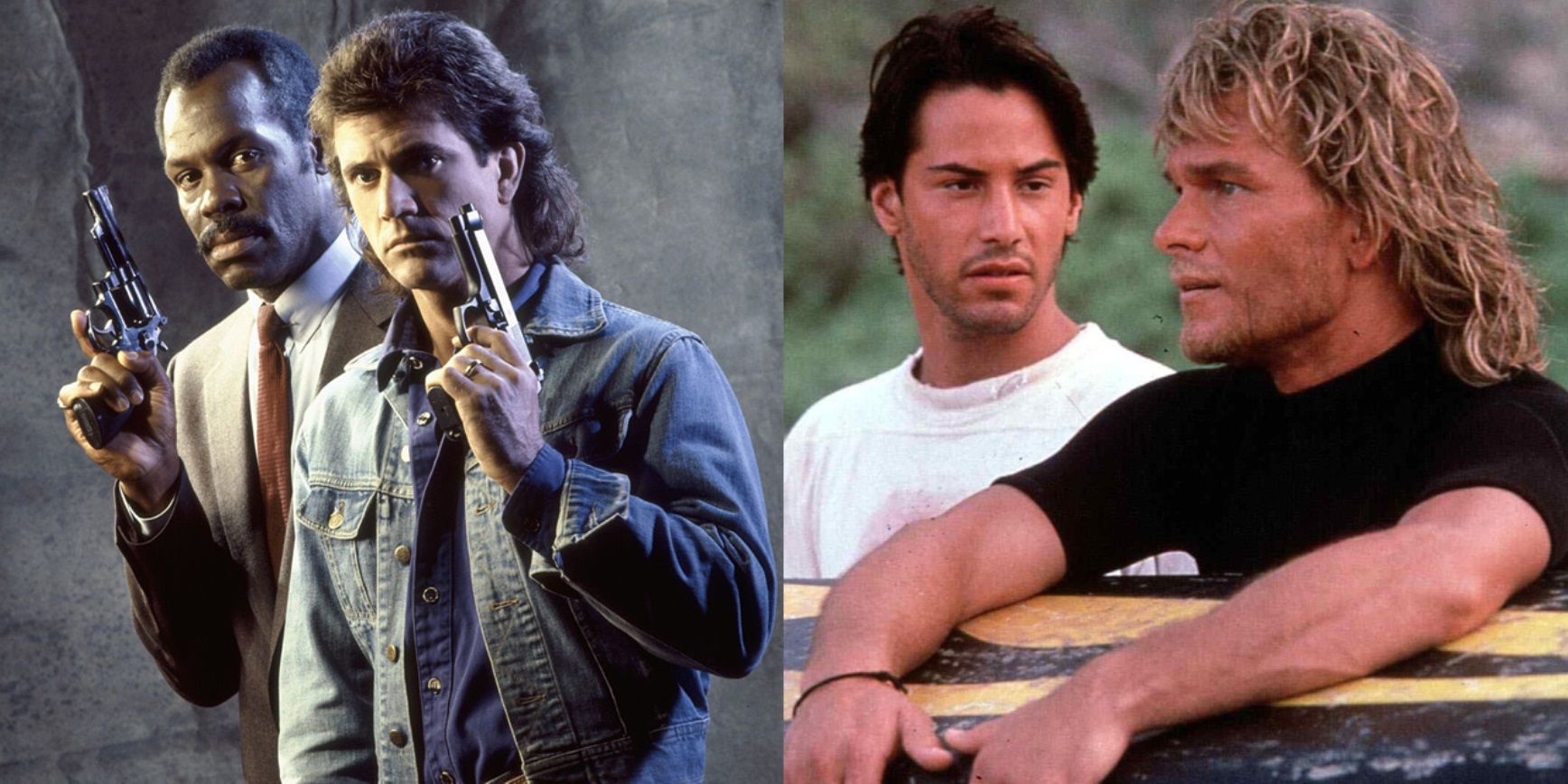 Split image of Riggs and Murtaugh in Lethal Weapon and Johnny Utah and Bodhi in Point Break