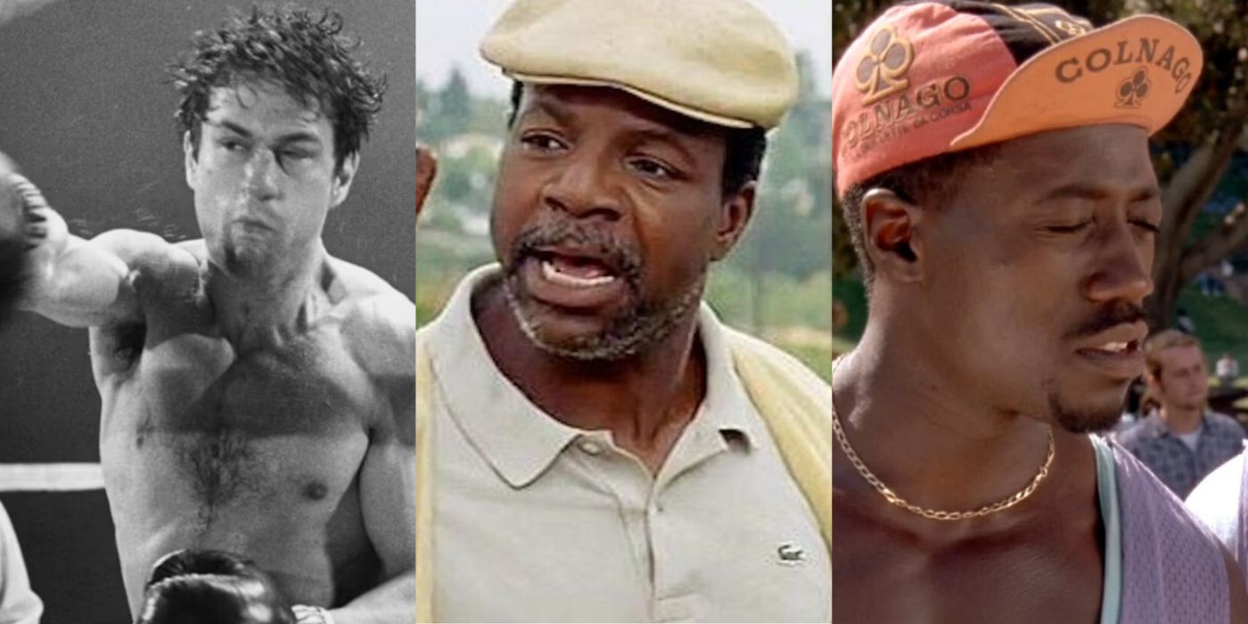 Split image of Robert De Niro in Raging Bull, Carl Weathers in Happy Gilmore, and Wesley Snipes in White Men Can't Jump