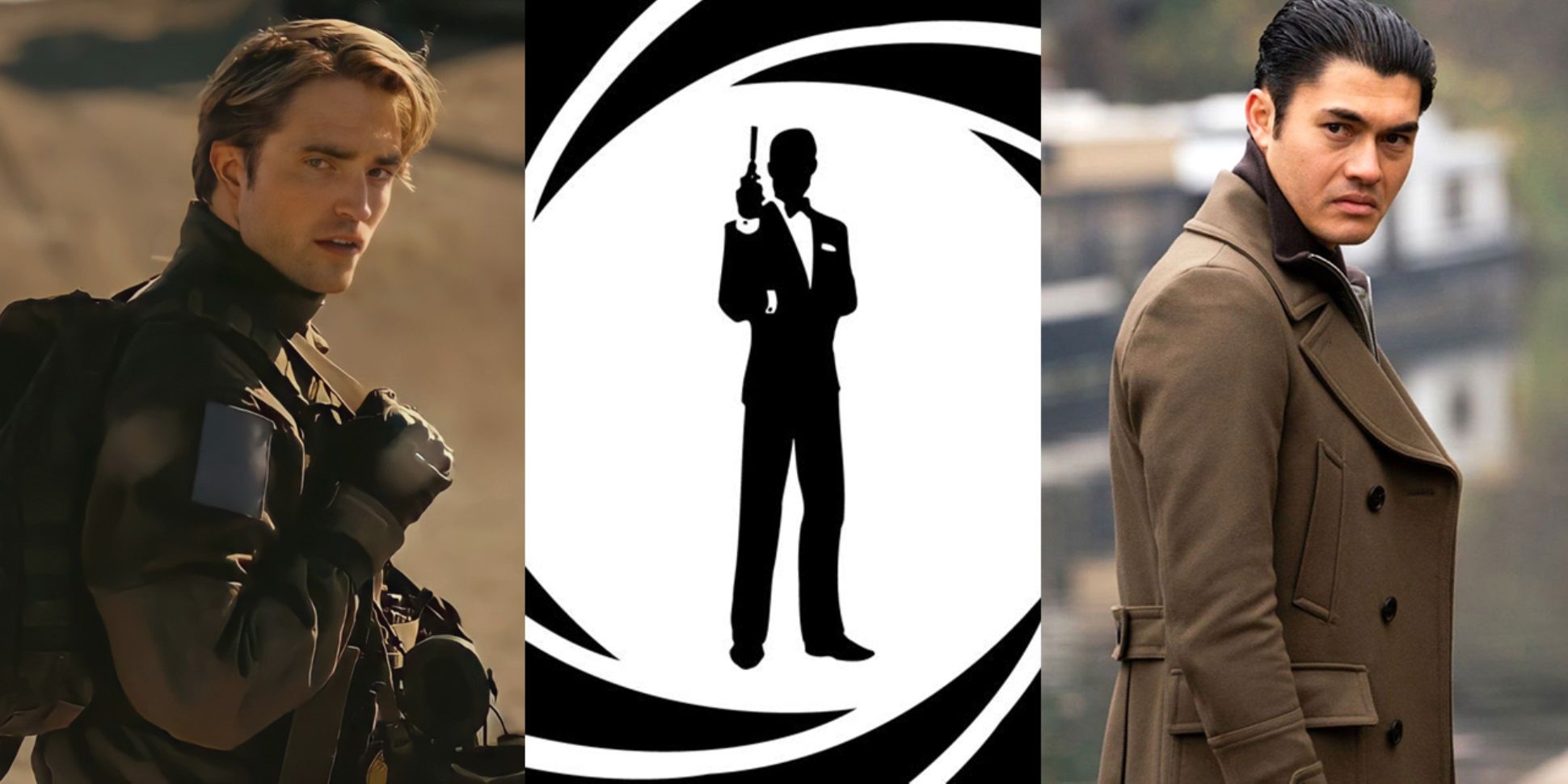 Split image of Robert Pattinson in Tenet, a silhouette of James Bond, and Henry Golding in The Gentlemen