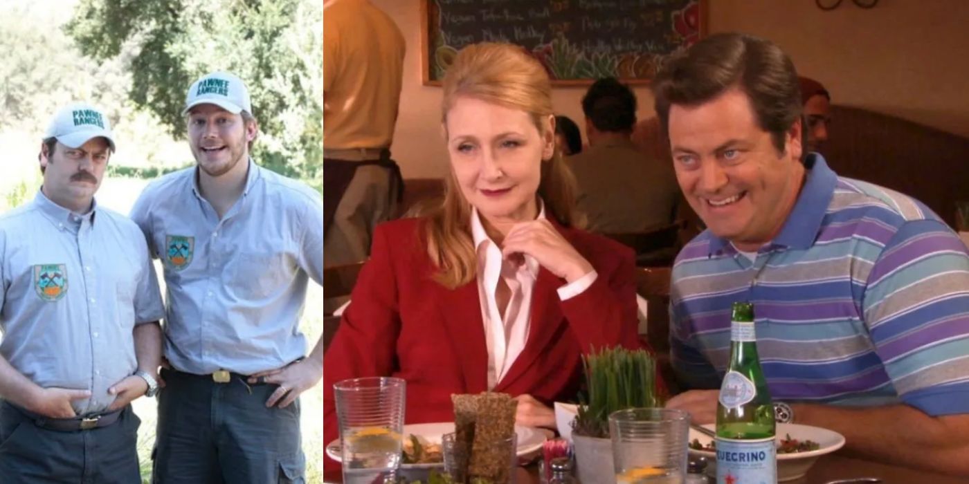 Split image of Ron Swanson with Andy and Tammy I in Parks and Recreation