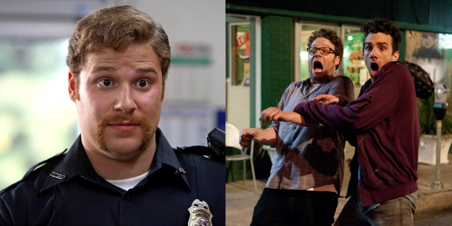 Split image of Seth Rogen in Superbad and Rogen and Jay Baruchel in This is the End