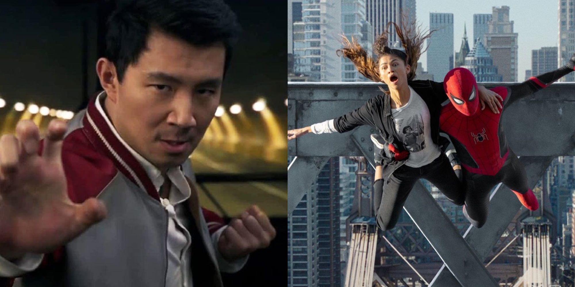 Split image of Shang-Chi ready to fight and Spidey and MJ jumping off a bridge in No Way Home
