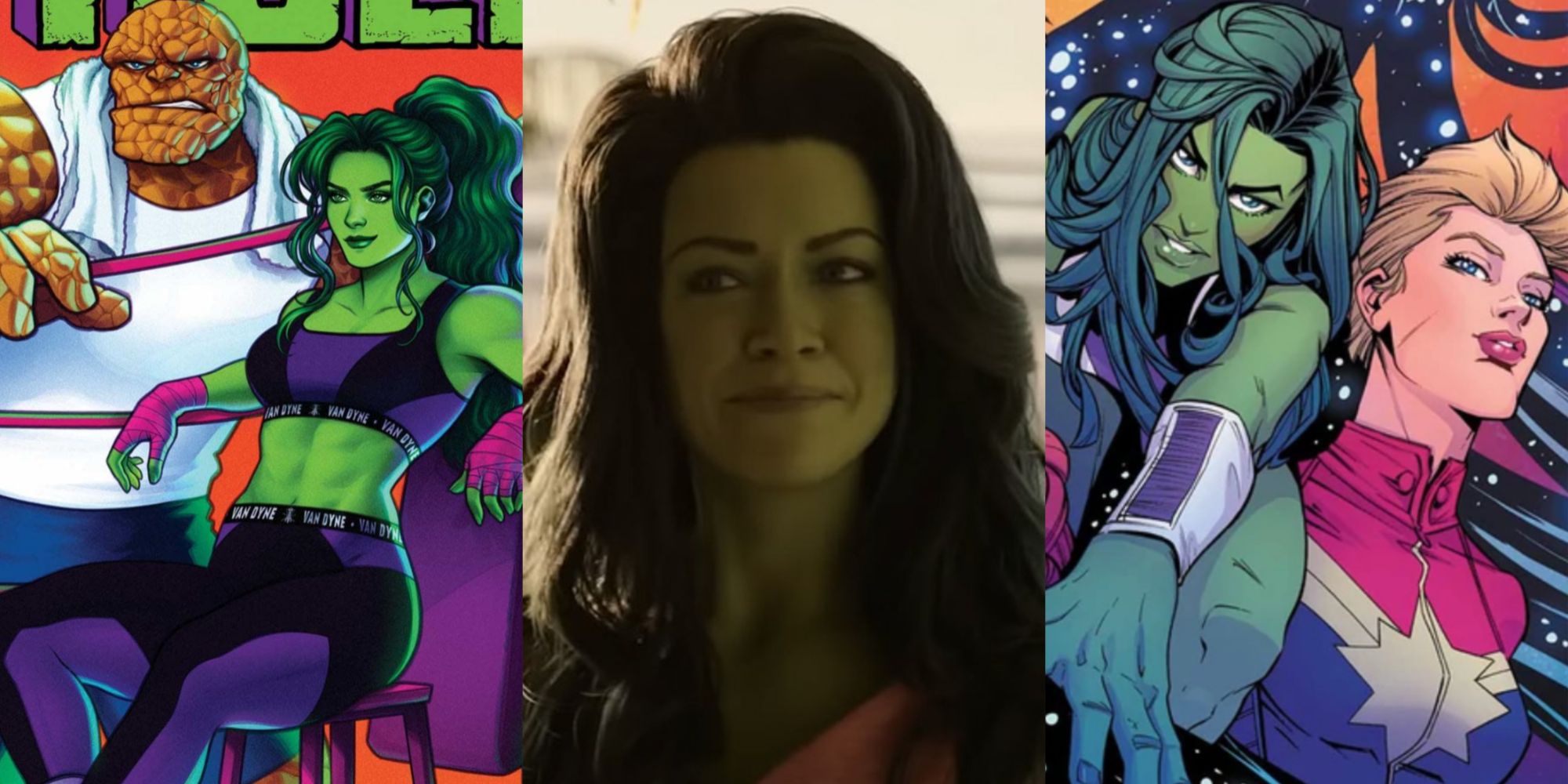 Split image of She-Hulk with her friends in the comics and She-Hulk smirking in She-Hulk Attorney At Law
