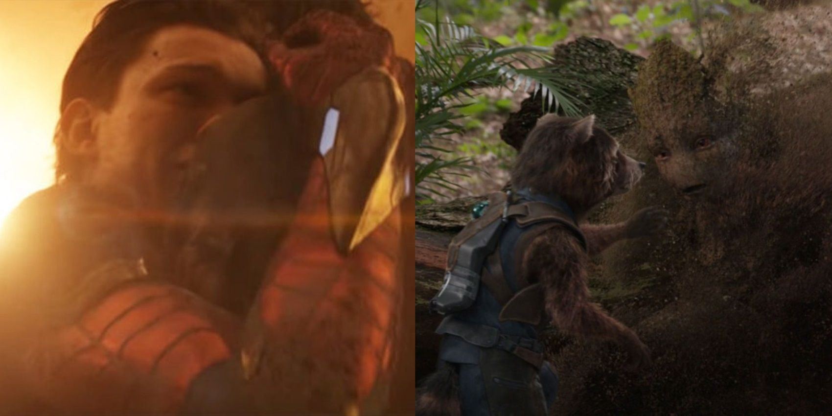 Split image of Spider-Man hugging Iron Man and Groot turning to dust in Avengers Infinity War