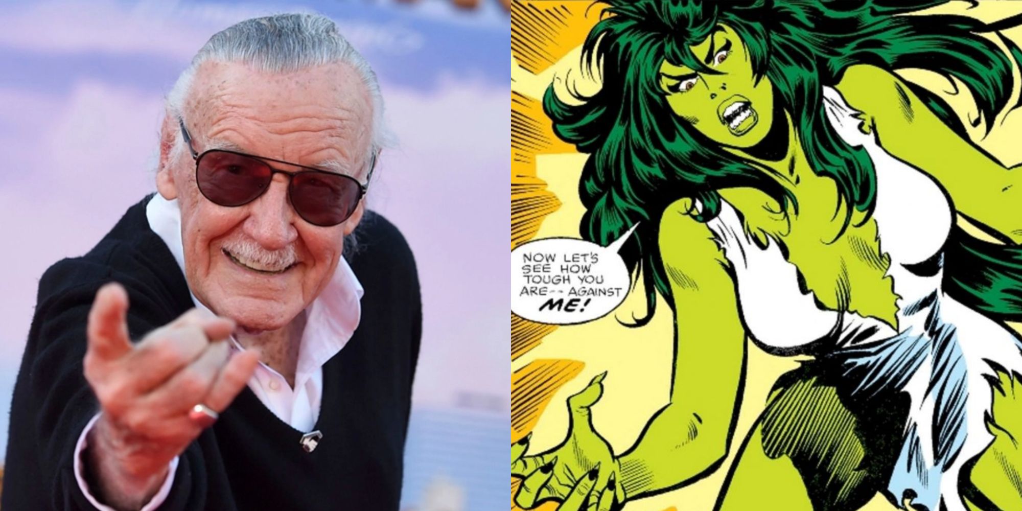 Split image of Stan Lee and his version of Savage She-Hulk