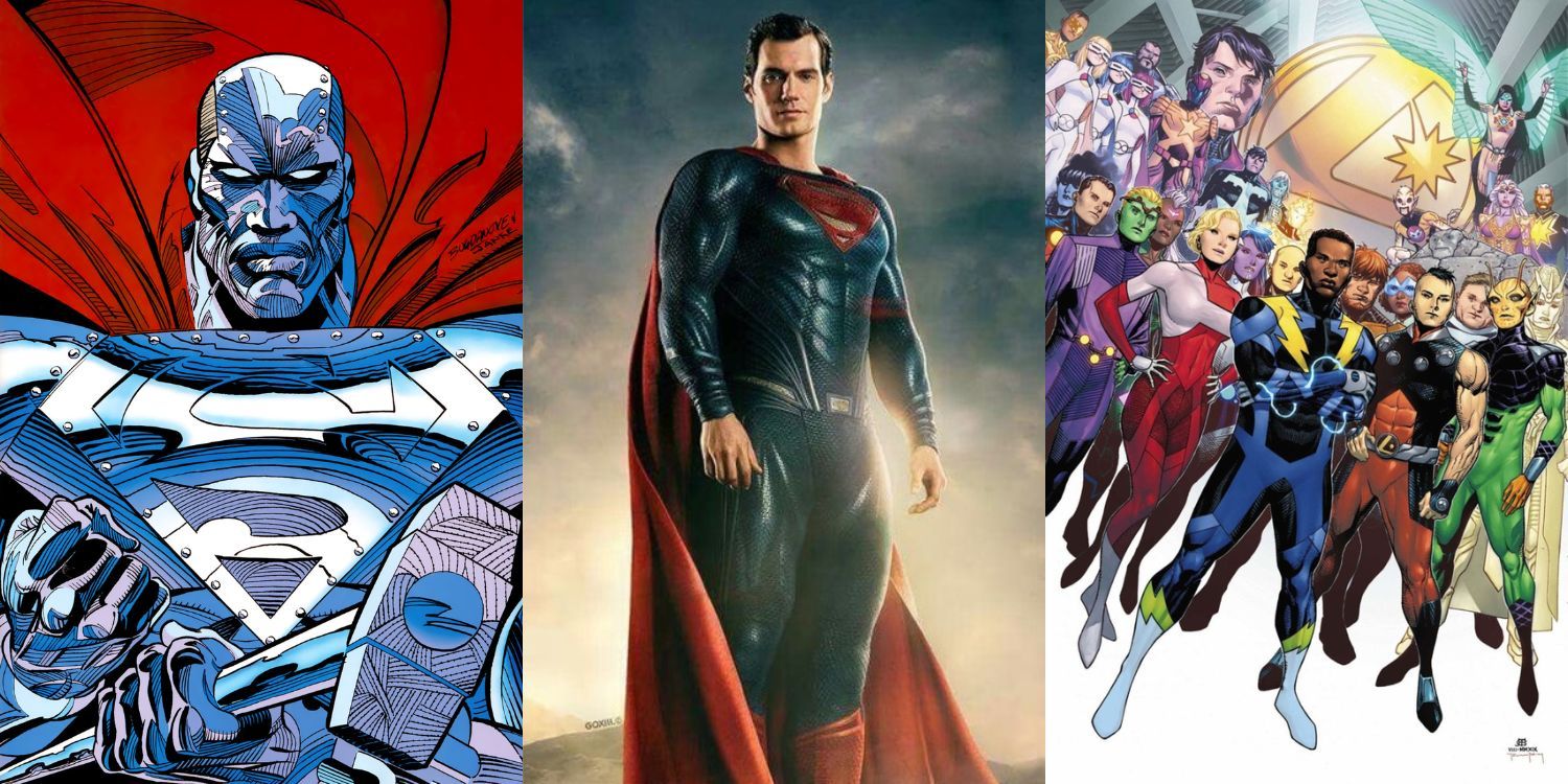 Split image of Steel, Superman, and Legion of Super-Heroes