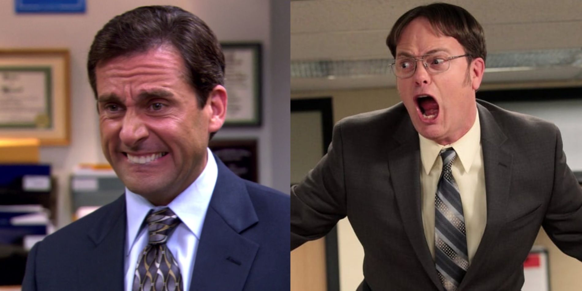 Split image of Steve Carell as Michael Scott and Rainn Wilson as Dwight Schrute in The Office