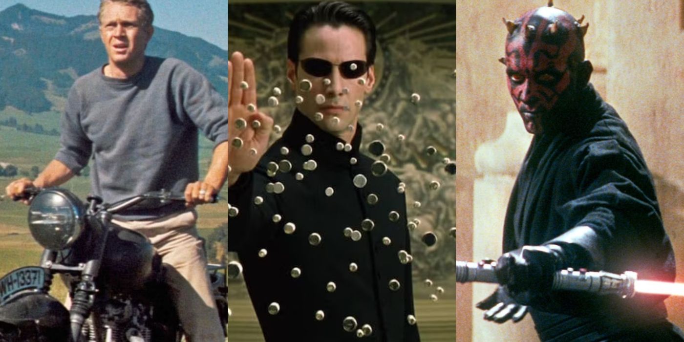 Split image of Steve McQueen in The Great Escape, Neo in The Matrix Reloaded, and Darth Maul in The Phantom Menace