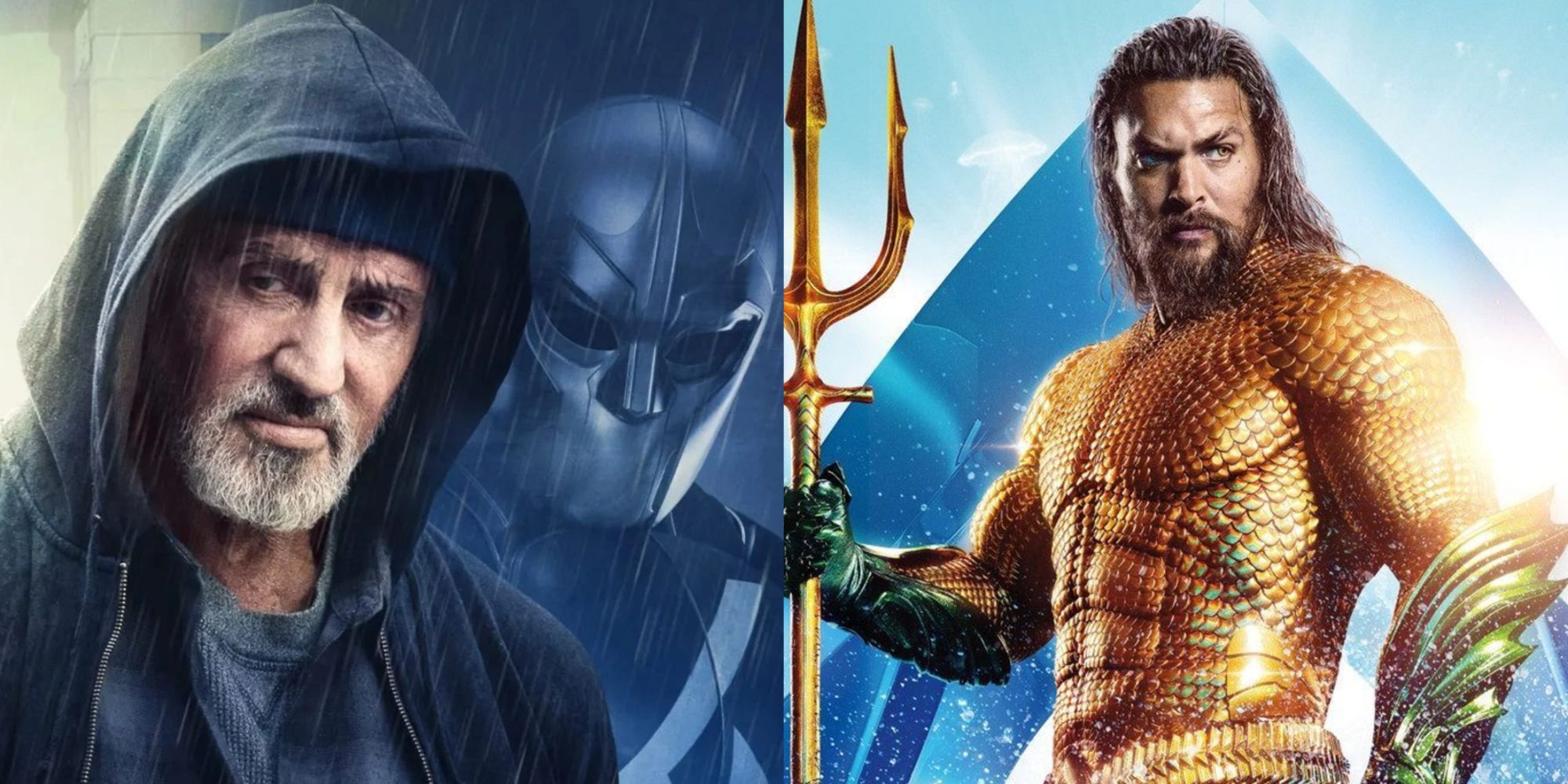 Split image of Sylvester Stallone as Samaritan and Jason Momoa as Aquaman