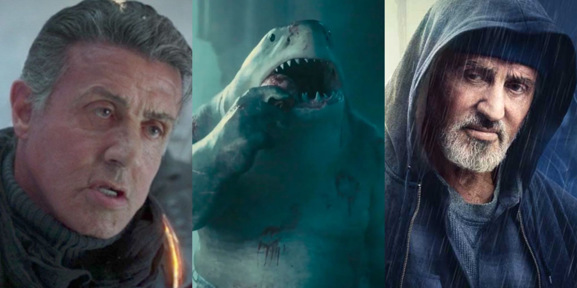 Split image of Sylvester Stallone as Starhawk, King Shark, and Samaritan in various films