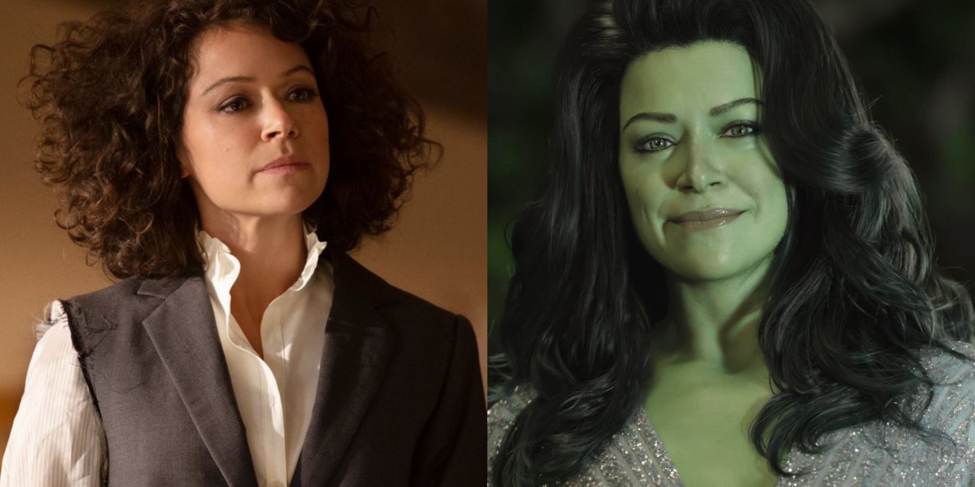 Imagem dividida de Tatiana Maslany como Jen Walters e She-Hulk em She-Hulk Attorney At Law
