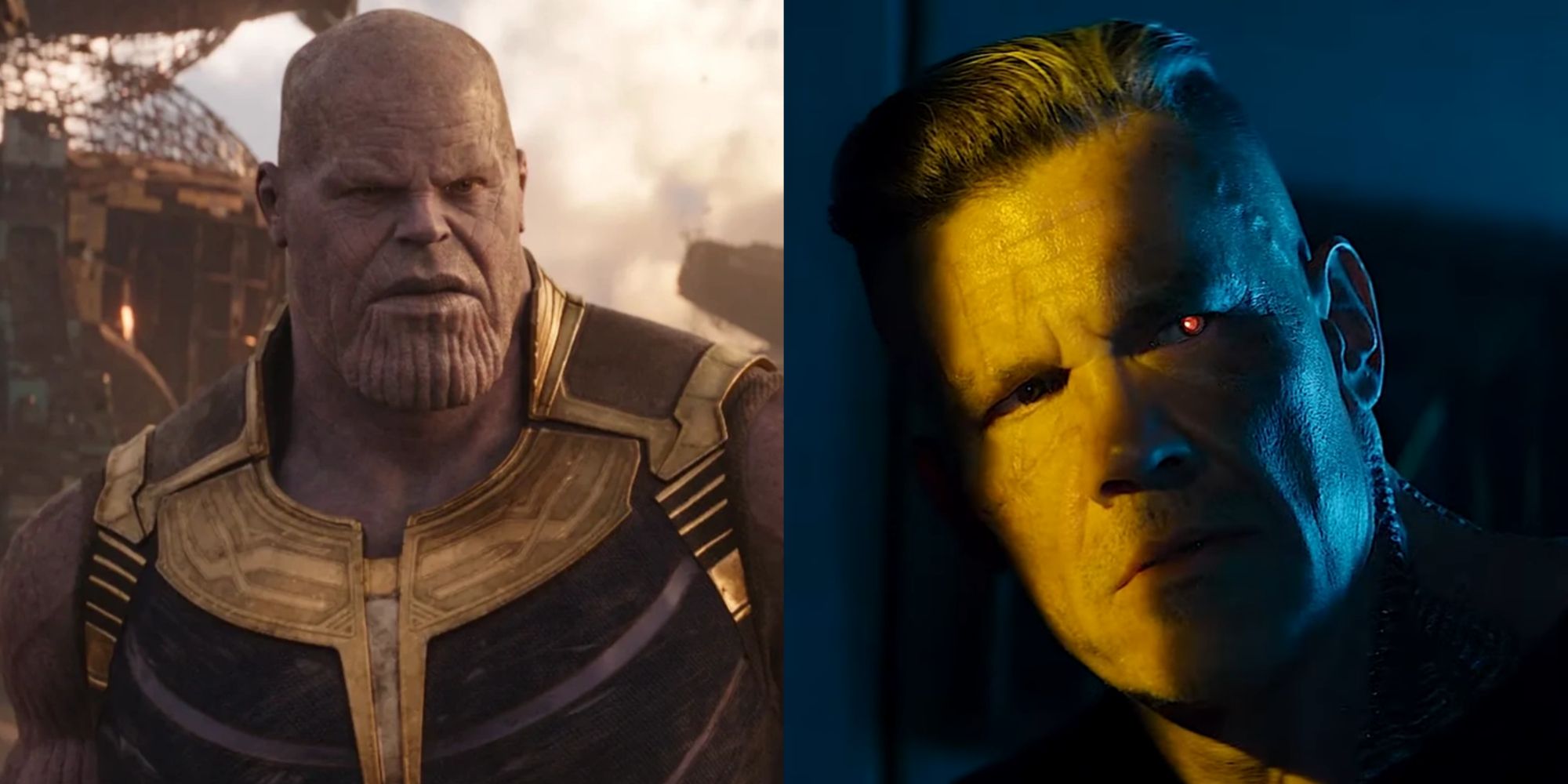 Split image of Thanos on Titan in Avengers Infinity War and Cable in Deadpool 2