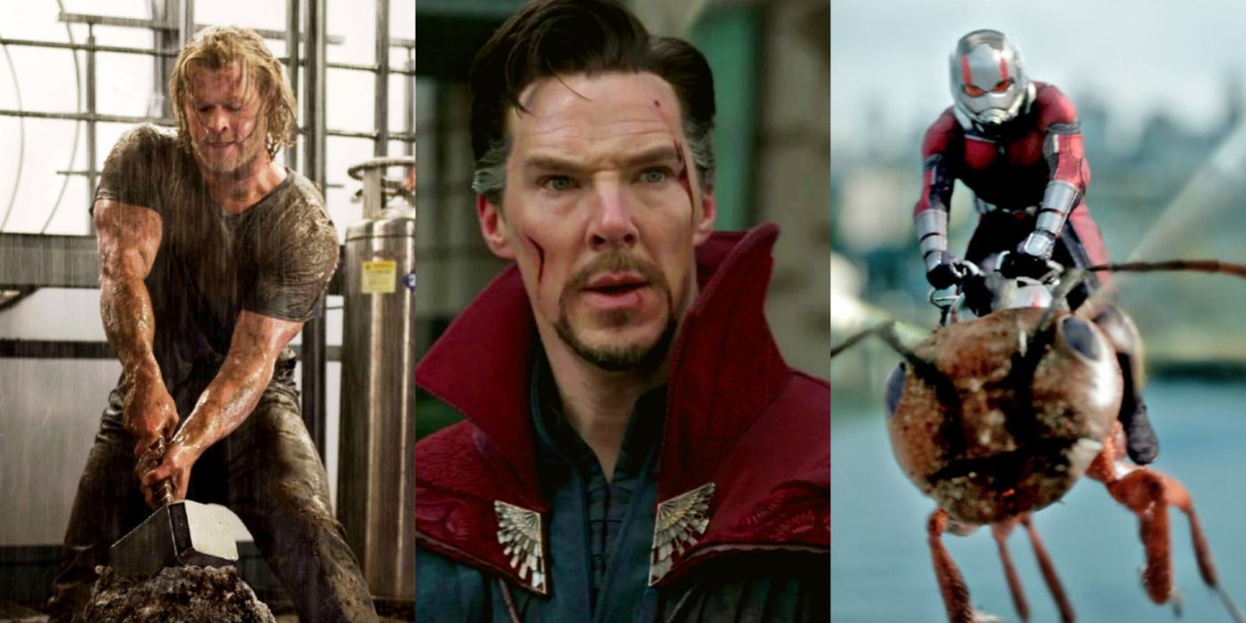 Split image of Thor in Thor, Doctor Strange in Doctor Strange, and Ant-Man in Ant-Man
