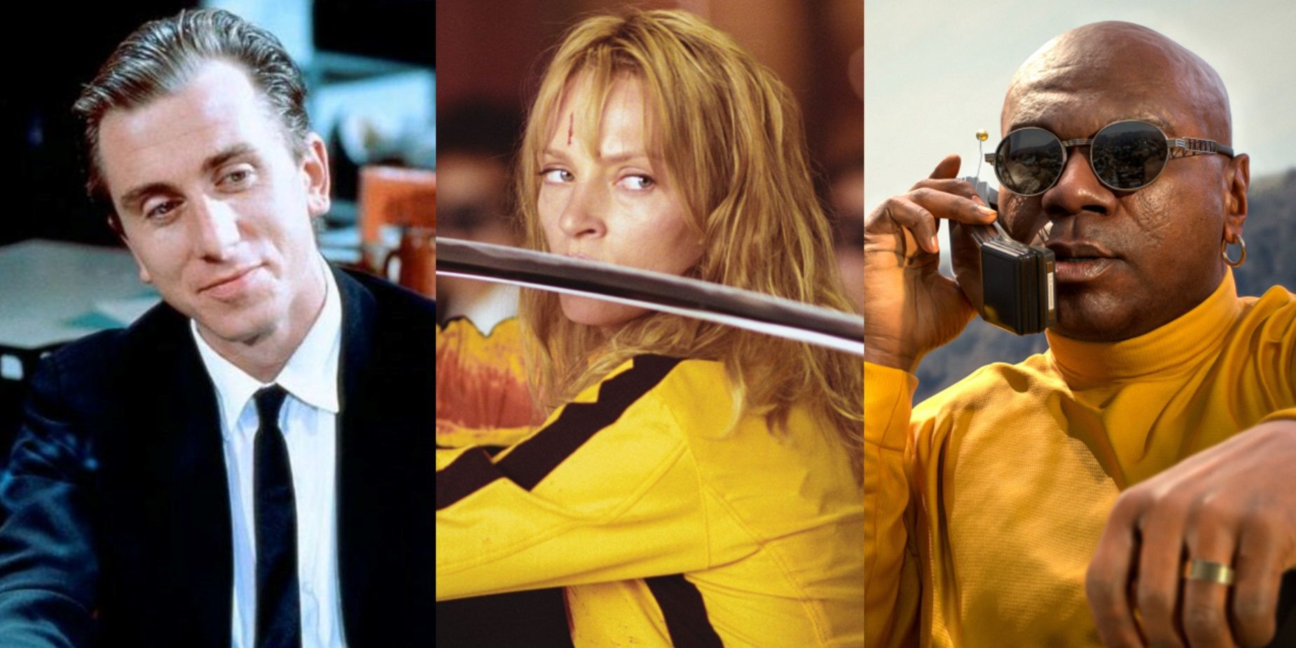 Split image of Tim Roth in Reservoir Dogs, Uma Thurman in Kill Bill, and Ving Rhames in Pulp Fiction