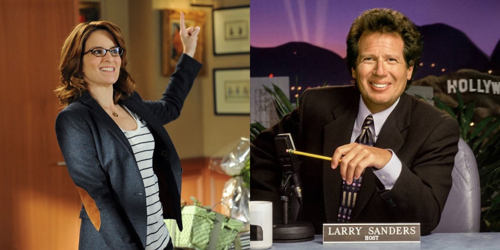 Split image of Tina Fey in 30 Rock and Garry Shandling in The Larry Sanders Show