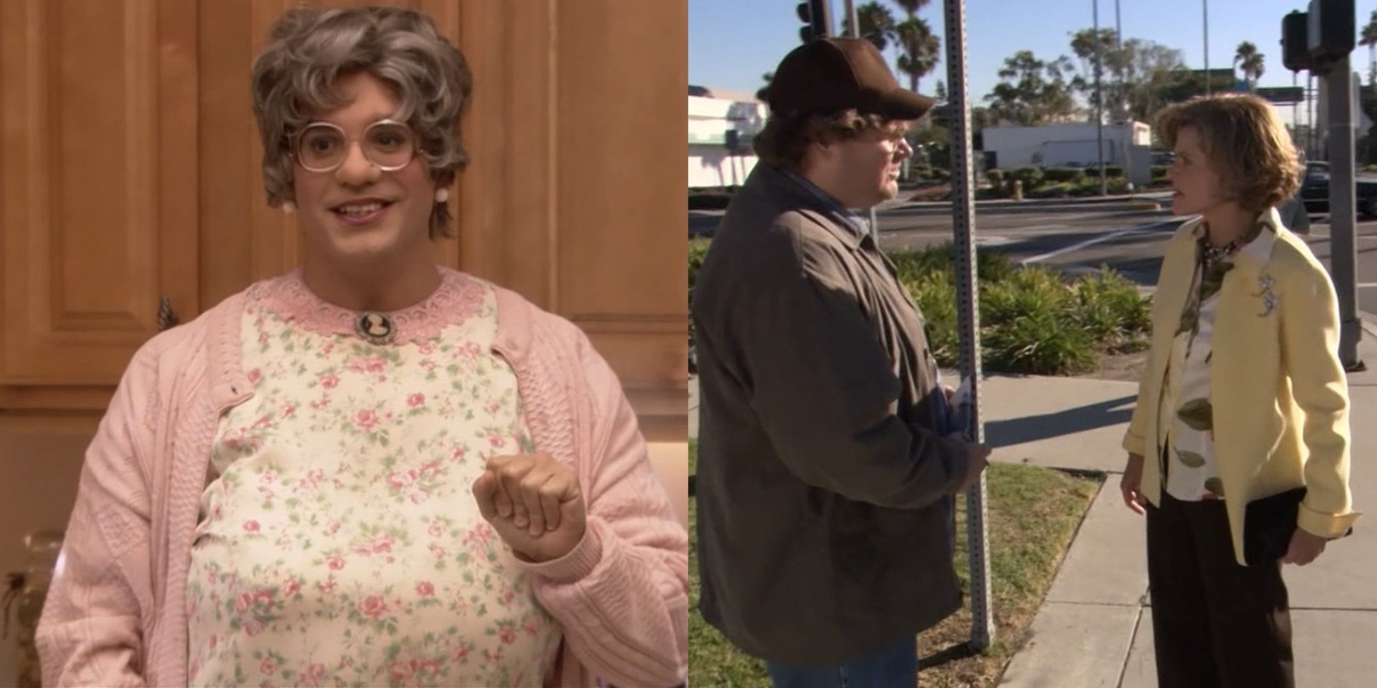 Split image of Tobias as Mrs Featherbottom and a Michael Moore lookalike talking to Lucille and Buster in Arrested Development