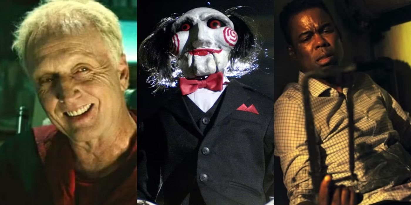 Split image of Tobin Bell in Saw II, Billy the Puppet, and Chris Rock in Spiral