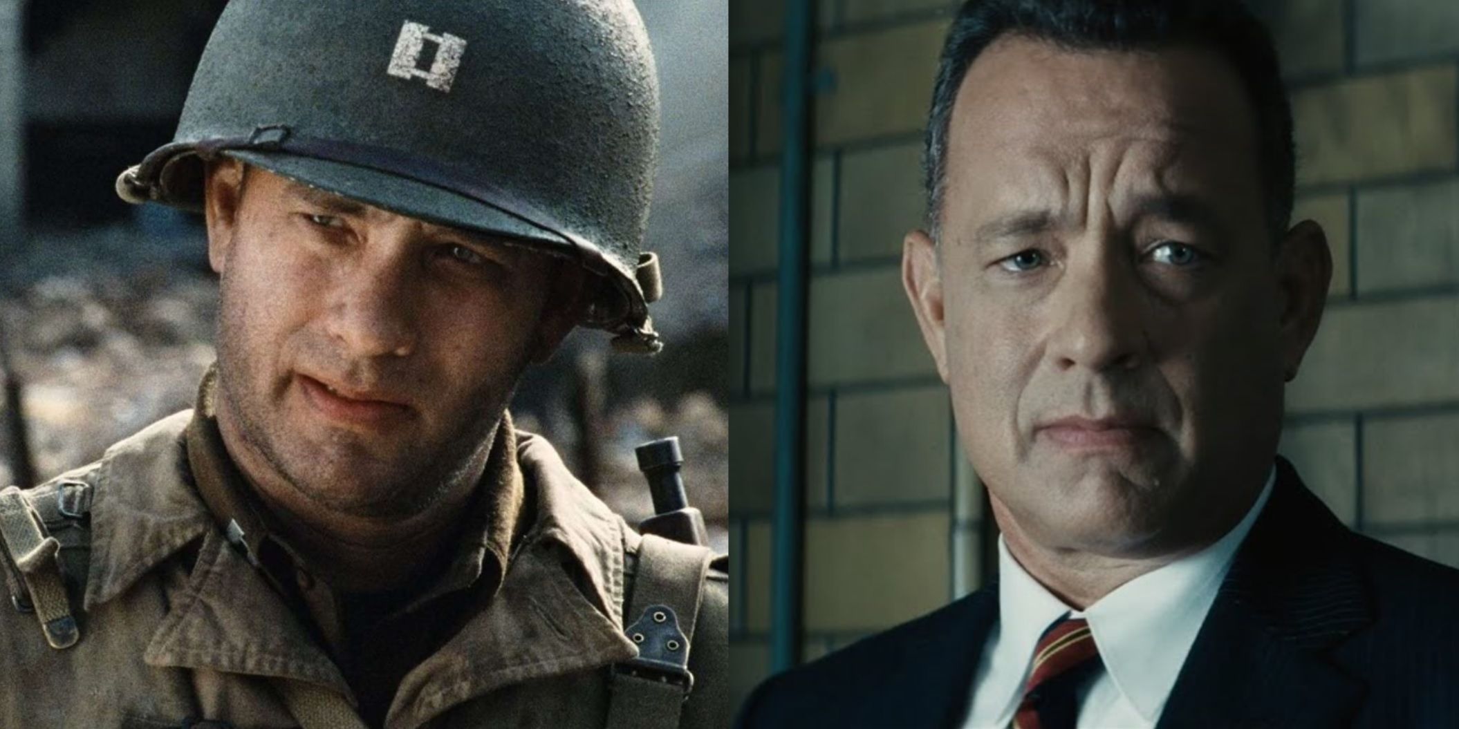 Split image of Tom Hanks as Captain Miller in Saving Private Ryan and James B Donovan in Bridge of Spies