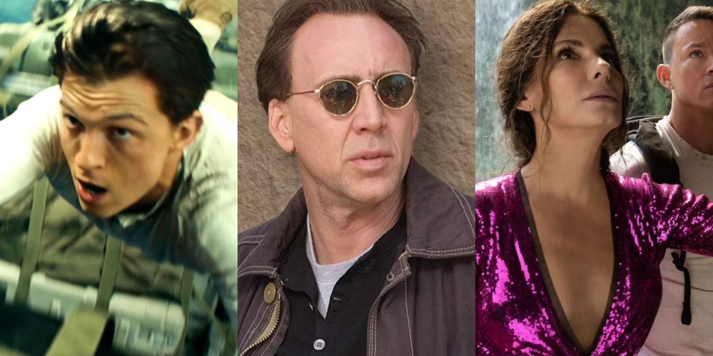 Split image of Tom Holland in Uncharted, Nic Cage in National Treasure, and Sandra Bullock in The Lost City